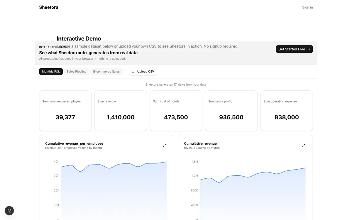Sheetora dashboard showing auto-generated KPIs, trend charts, and anomaly detection from a monthly P&L spreadsheet